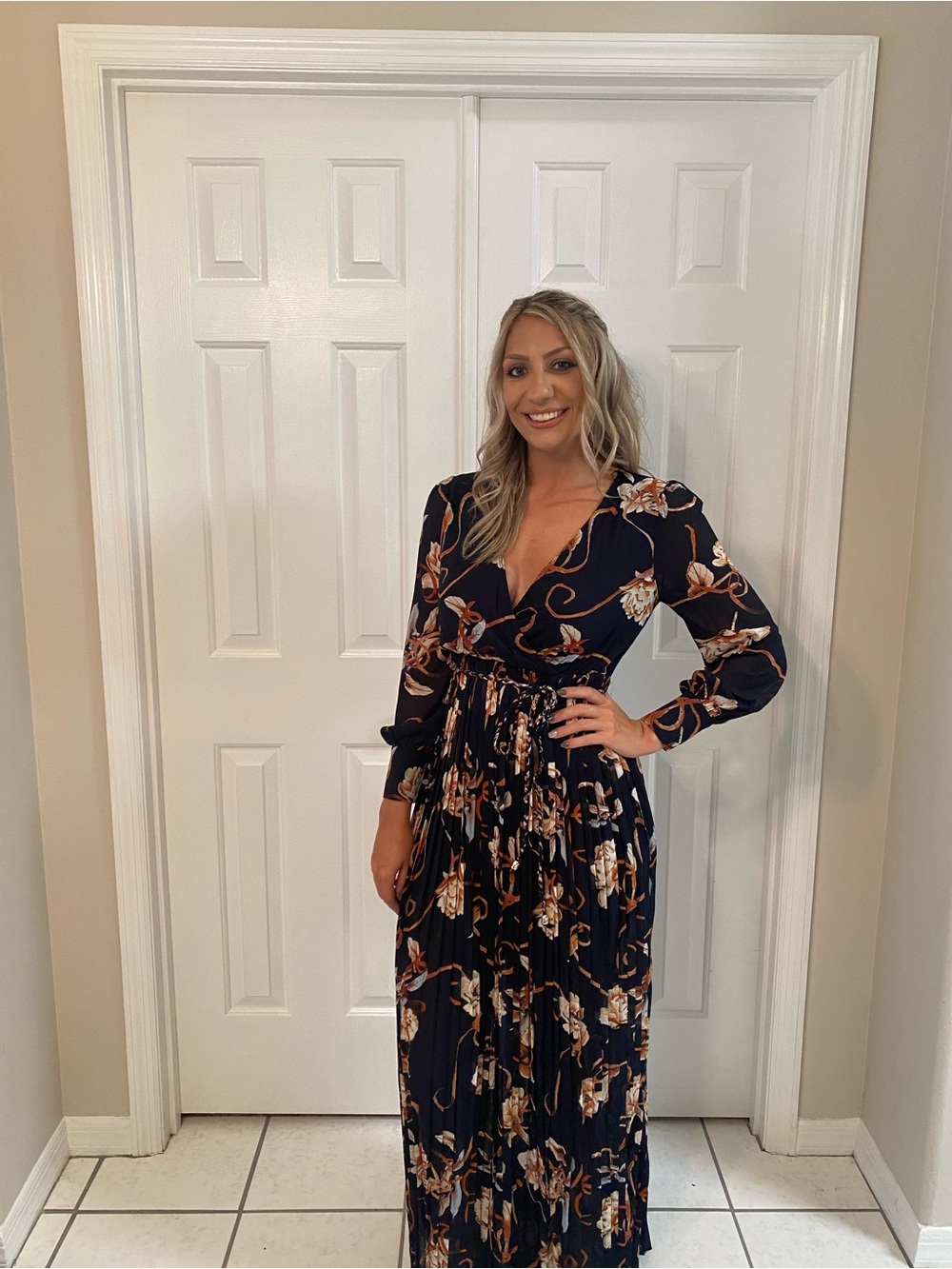 Fashion Nova Navy Floral Maxi Dress with belt. Rust & Cream Bloom